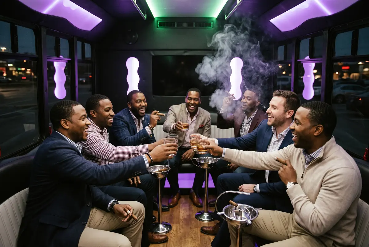 Bachelor party toasting with cigars inside the City Smoke mobile cigar lounge