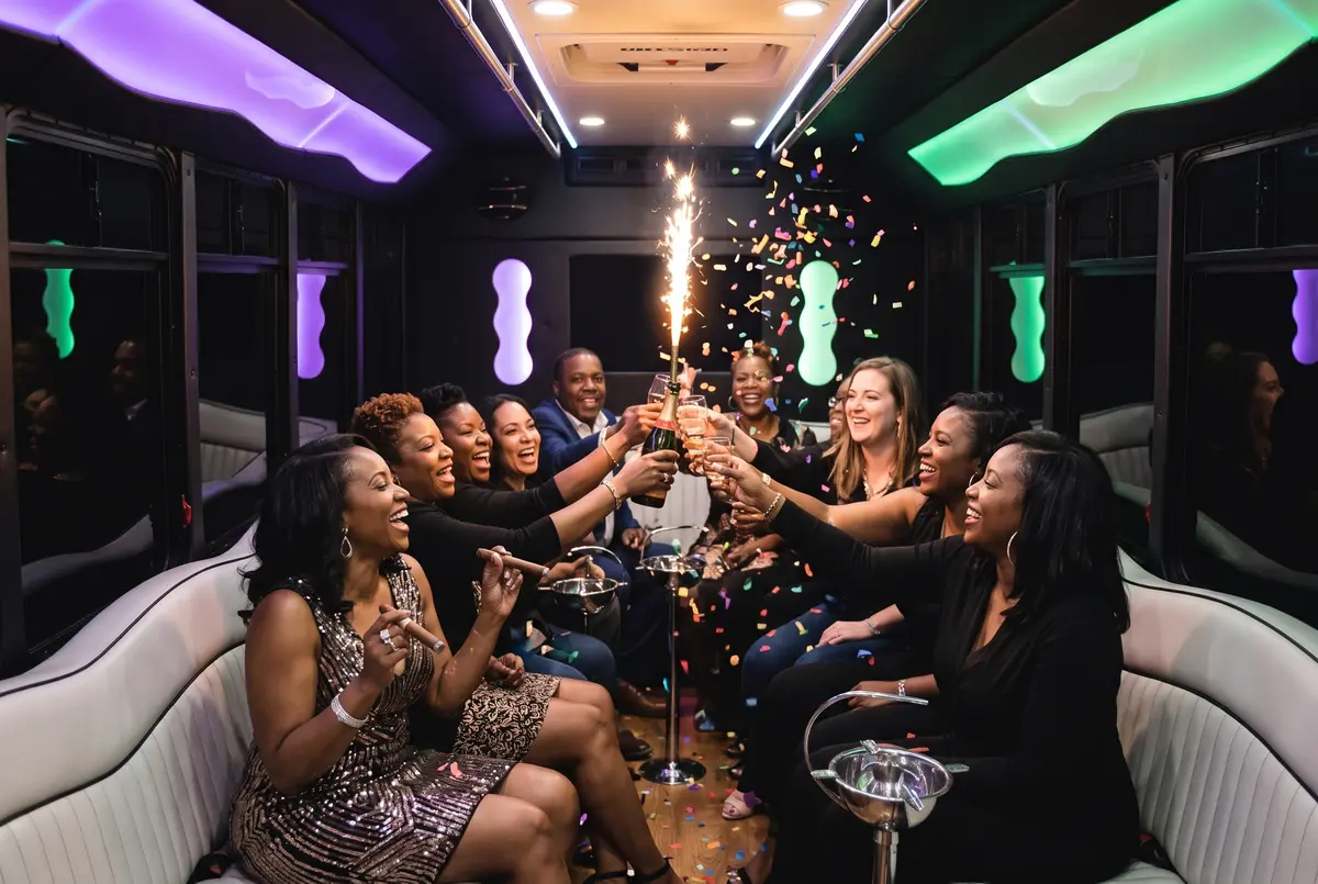 Milestone birthday celebration with a sparkler bottle on the City Smoke bus
