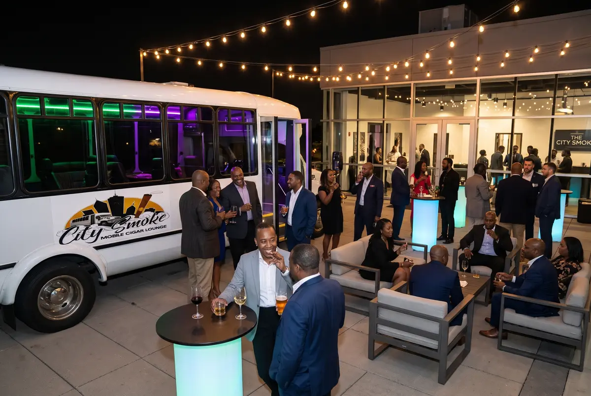 Corporate event guests with cigars next to the City Smoke bus