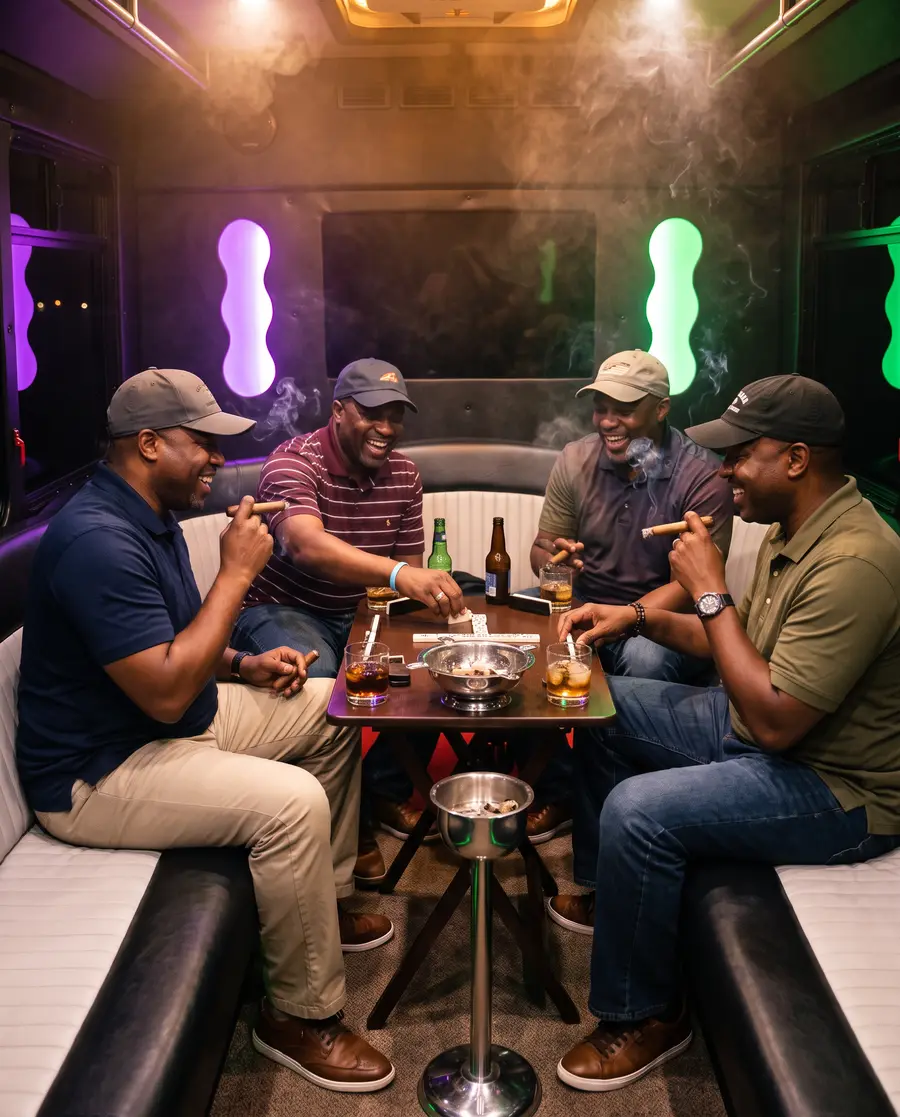 Guys night out playing dominoes and smoking cigars on the bus