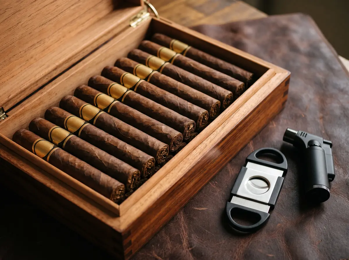 Premium cigars in an open cedar humidor with a cutter and torch lighter