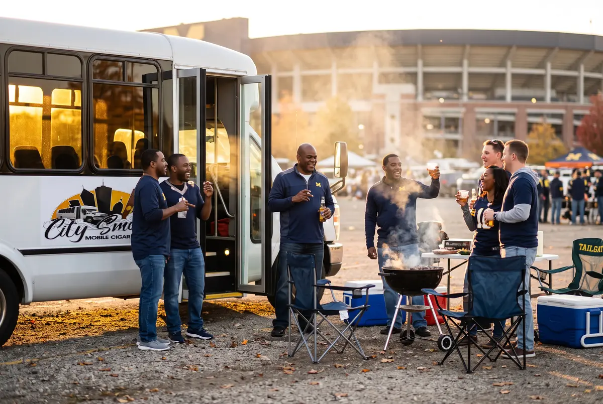 Tailgate party with cigars outside the bus at the stadium