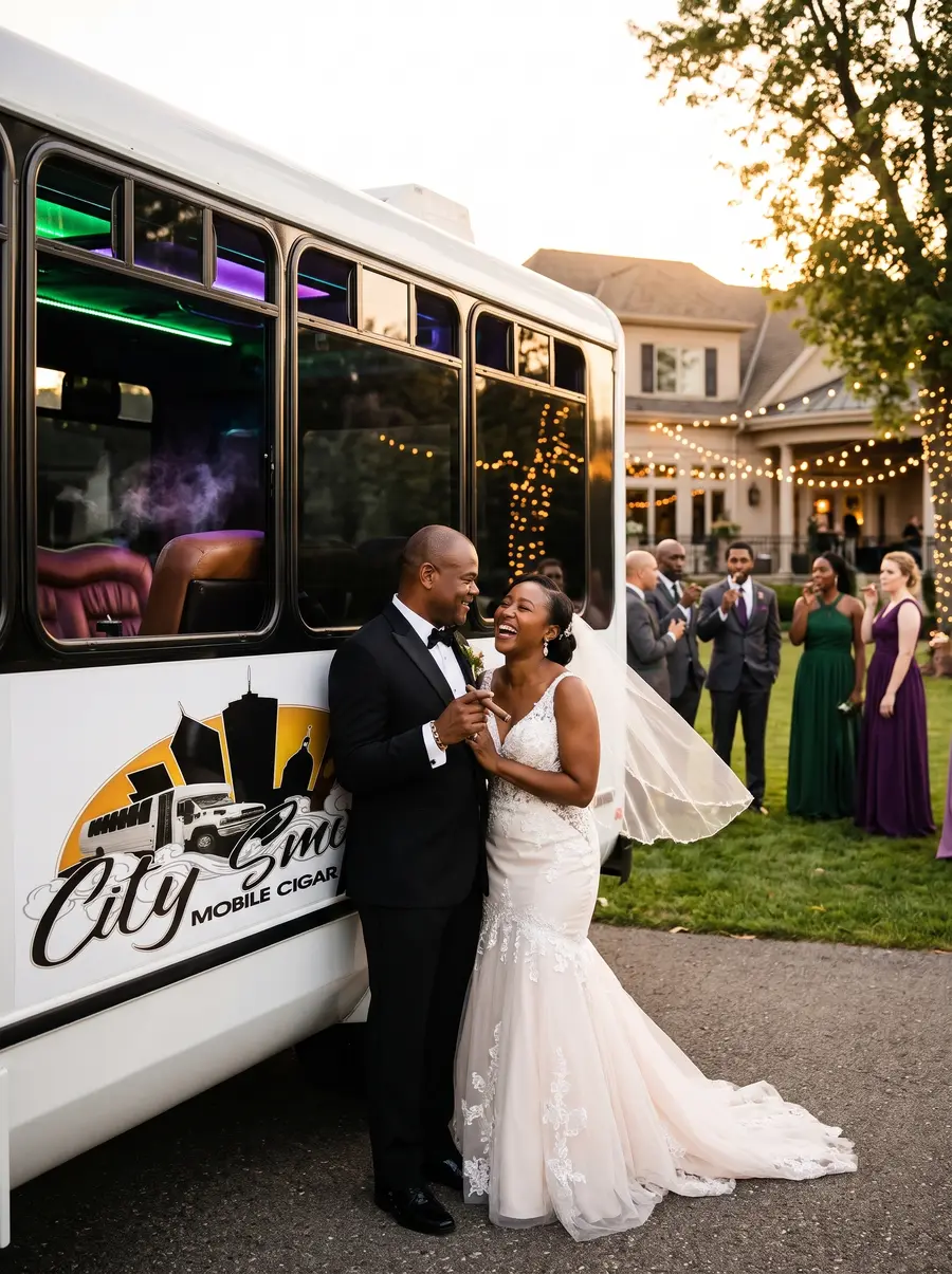 Newlyweds and groomsmen with cigars beside the City Smoke bus